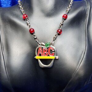vintage silver tone teachers apple shape abc link necklace